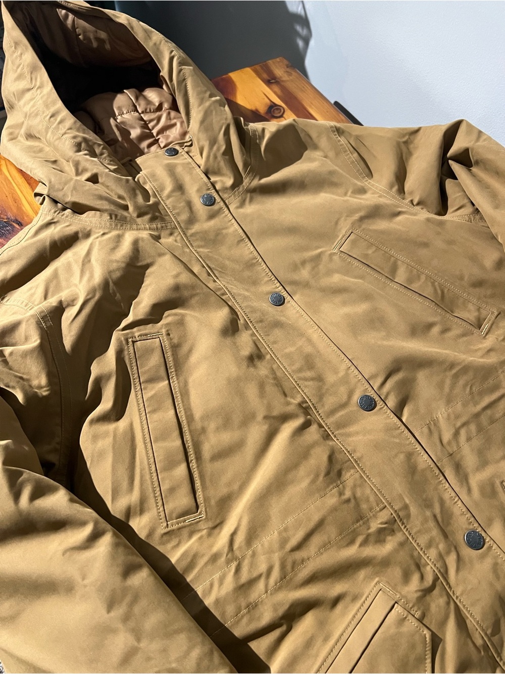Women’s Hooded Long Puffer Coat - Tan - Picture 6 of 11
